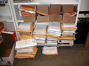 
Milkweed Editions has a hefty stack of manuscripts it divides up amongst its small editorial team. Their goal is to develop great new authors whose works will stand the test of time. (MPR Photo/Marianne Combs)
