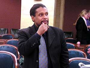 
Researcher Tyrone Hayes was invited to present his findings to a state Senate committee, after he was "uninvited" as a speaker at an upcoming MPCA conference. Hayes claims he was removed from the speaker's list because his research is critical of atrazine.  (MPR Photo/Mary Losure)