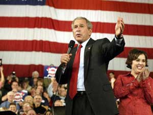 
President George W. Bush spoke at a campaign forum on the economy in Rochester, Minnesota on Oct. 20. Rochester has played host to five campaign events -- two by Bush, two by Kerry, and one by Vice President Dick Cheney. (Photo by TIM SLOAN/AFP/Getty Images)