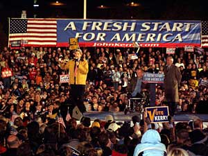 
An estimated 30,000 people showed up for a rally with John Kerry outside of the Metrodome on Oct. 21 -- his seventh visit to the state. President Bush holds a rally at the Target Center in Minneapolis Saturday.  (MPR file photo)