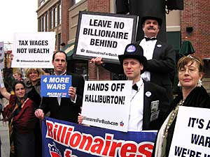 
A group calling itself Billionaires for Bush protested outside the Target Center, saying that the president's policies have largely benefited the wealthy. (MPR Photo/Mark Zdechlik)