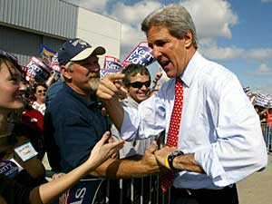 
Democratic presidential candidate John Kerry began his day in Orlando, Florida. He and President Bush both plan campaign rallies in Milwaukee Monday, as well as in several other swing states.  (Photo by Justin Sullivan/Getty Images)