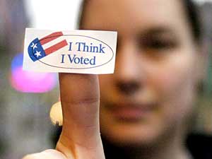 
Ohio resident Paula Goodman's sticker, "I think I voted," calls to mind the concerns that some have this Election Day over the potential for problems at polling places and voter fraud.  (Photo by Mike Simons/Getty Images)