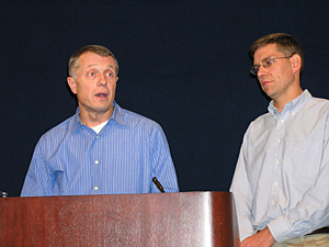 
House Speaker Steve Sviggum and House Majority Leader Eric Paulsen suggested the DFL gains were the result of a backlash over the no-new-taxes pledge many House members took. (MPR Photo/Laura McCallum)
