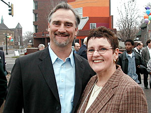 
Central Community Housing Trust executive director Alan Arthur, and Hope Community Executive director Deanna Foster head two of the 12 agencies financing the Portland Franklin Gateway project. (MPR photo/Dan Olson)