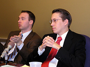 
Minnesota Republican Party Executive Director Corey Miltimore, left, and  party attorney Matt Haapoja, right.  (MPR Photo/Laura McCallum)