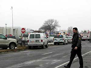 
Traffic along Highway 10 was backed up after the explosion, and the road was later closed to traffic for the rest of the day. (MPR Photo/Art Hughes)