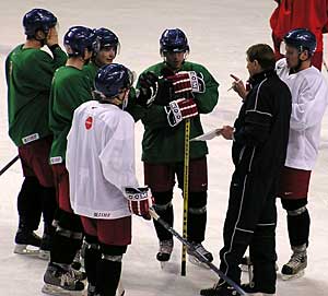 
Hockey players from around the globe, including these players from the Czech Republic, are in Grand Forks and Thief River Falls this week for the World Junior Championship tournament.  Ten teams are playing hoping to win the gold medal. (MPR photo/Bob Reha)