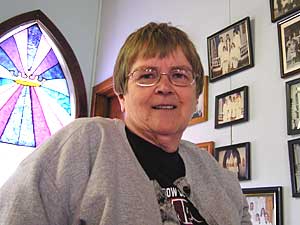 
Joanne Meyer's father helped dig the basement for Carmel Lutheran Church.  She lives 40 miles away now, but she and her brother still come here for Sunday services. (MPR Photo/Stephanie Hemphill)