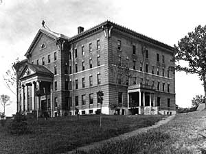 
The College's first building, Derham Hall, was built with a $20,000 donation from Hugh Derham, who contributed to many Catholic causes in St. Paul.  This photo was taken in 1905. (Photo courtesy of the College of St. Catherine)