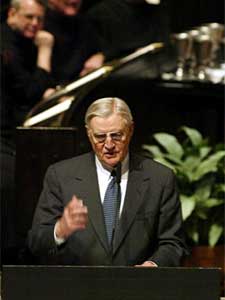 
Former Vice President Walter Mondale described Sen.  Eugene McCarthy as "an American giant" at a memorial at St. John's University.  Mondale said the nation should remember McCarthy for his strong stance on civil and social rights. 
 (Photo by Andra Van Kempen)