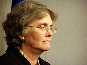 
Sen. Linda Berglin, DFL-Minneapolis, says Pawlenty's plan drastically eliminates health insurance for people who need it.
 (MPR Photo/Michael Khoo)