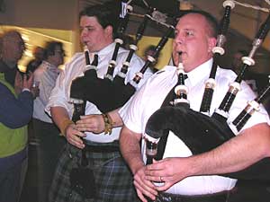 
A pair of bagpipes led the procession for a sendoff party for the U.S. Olympic curling teams at the Bemidji Curling Club. The club has produced more than 20 national championship curling teams. (MPR photo/Tom Robertson)