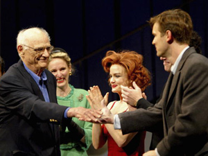 
Playwright Arthur Miller (left) shakes hands with actor Peter Krause during the curtain call for opening night of "After The Fall" on July 29, 2004 at American Airlines Theater, in New York City. (Photo by Paul Hawthorne/Getty Images)