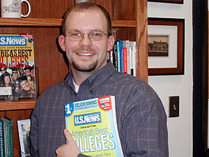 
Mark Peltz heads Luther College Career Services.  It's his job to find students jobs after graduation.  According to his data a suitable percentage of Luther grads that are Iowa natives are moving across the border to Minnesota. (MPR Photo/Erin Galbally)