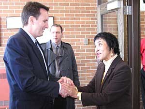 
White Earth Tribal Chair Erma Vizenor greeted Gov. Tim Pawlenty as he arrived at the tribe's government headquarters in early January. (MPR file photo/Tom Robertson)
