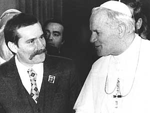 
 Picture taken 15 January 1981 of Pope John Paul II receiving Lech Walesa, then president of the Polish Solidarity movement, at the Vatican palais.  (Photo by STF/AFP/Getty Images)