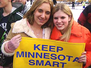 
Paynesville eighth graders Jayna Flanders, left, and Kaitlin Burlingame said their school has had to cut programs in music and science because of financial problems.  (MPR Photo/Tim Pugmire)