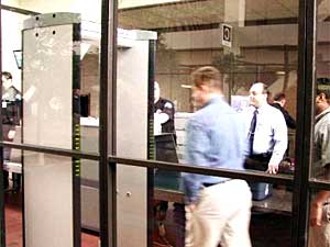 
Metal detectors, similar to ones at airports, are now being used in the government center. On the first day of the new system, long lines formed at some entrances.  (MPR Photo/Art Hughes)