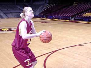 
Kelly Roysland plays guard for the Minnessota Gophers womens basketball team.  She's a gifted ahletic who's excelled in basketball, volley ball and golf. (MPR Photo/Marisa)