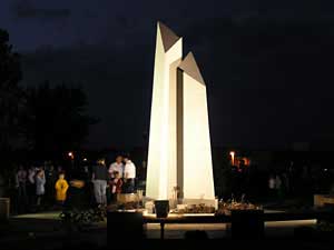 
A memorial erected to honor the two students killed at Rocori High School in September 2003.  A fellow student awaits trial in the case. (MPR file photo)