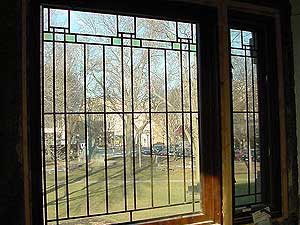 
Part of the restoration process involves replacing the decorative glass, considered a trademark of Frank Lloyd Wright designs, in many windows throughout the hotel. (MPR Photo/Erin Galbally)