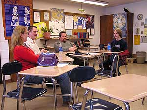 
From left, student Susan Paulson, teacher Jason Richardson, teacher Bill Hudspith, and student Ryan Lambert. (MPR Photo/Bob Kelleher)