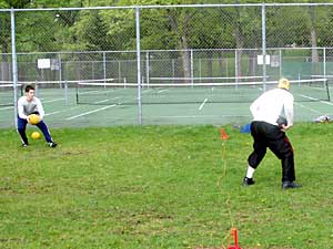 
Players gather at Kenwood Park in Minneapolis for games of pick-up dodgeball on Saturday afternoons.   (MPR Photo/Toni Randolph)