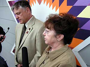 
Principal Chris Dunshee and acting superintendent Carol Aenne speak to reporters Monday. (MPR Photo/Tom Robertson)