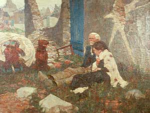 
The paint on "Battleground" is almost an inch thick.  The piece needed major work to save it.  Dunn based the painting
on his experiences in France during World War I as a captain in the U.S. Army.   (Photo courtesy of the South Dakota Art Museum)