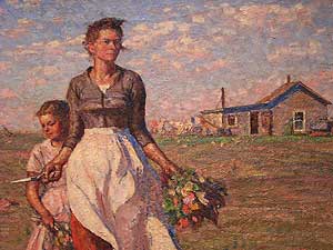 
Detail from "The Prairie is my Garden", Dunn's best known work.  A repaired, though still visible, crack runs through the very top of the woman's hair and then off towards the top of the painting. (MPR Photo/Mark Steil)