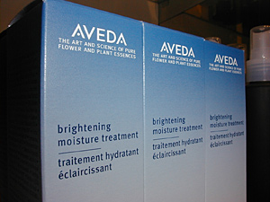 
Like some other products developed for the Japanese market, the skin whitening line has been successful enough that Aveda is beginning to market it in other markets as well. These boxes are for sale at Aveda headquarters in Blaine. (MPR Photo/Jeff Horwich)