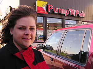 
Lila Sudenga manages the Pump 'N Pak in Luverne. She says E85 sales have tripled since the station lowered E85 prices. (MPR Photo/Mark Steil)