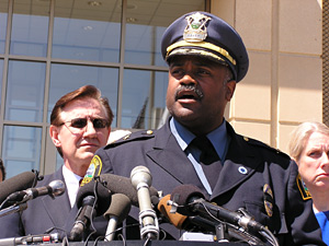 
"He
was a great cop, a great person, he had a great life, and we will
not be the same without him around here," said Police Chief John Harrington.
 (MPR Photo/Mark Zdechlik)