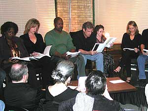
The reading. Patrick asked 10 actor buddies to read his new screenplay, "The Deep Bosom of the Ocean." The reading took place at the Marysburg Coffee Emporium and Wine Bar in downtown Minneapolis. (MPR photo/Chris Roberts)