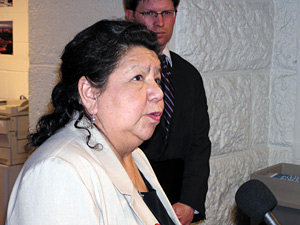 
Doreen Hagen, the leader of the tribe that runs the Treasure Island Resort and
Casino in Red Wing, said opponents of Pawlenty's plan were looking
forward to the Taxes Committee vote.  She says she doesn't think the threat of state-run casino gambling is over. (MPR Photo/Tom Scheck)