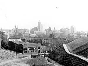 
View of downtown St. Paul from hill above entrance to the Selby Tunnel (circa 1930s)
 (Minnesota Historical Society)