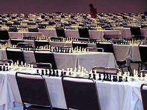 
The convention center is set up with some 1,400 chess boards.  (MPR Photo/Greta Cunningham)