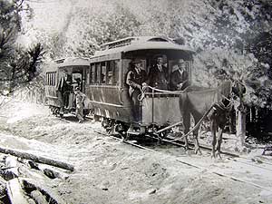 
The original Duluth trolley. It's believed this photo was taken in the late 1800s, on Duluth's 4th St. near the current 16th Ave. E.  The location is now a typical city streetscape, lined with businesses and century-old homes. (Photo courtesy Duluth Transit Authority)