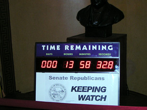
Republicans at the Capitol set up a countdown clock to show the time remaining in the 2005 legislative session. (MPR Photo/Tom Scheck)