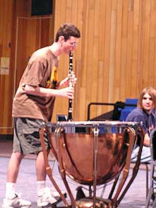 
Sam creates eerie sounds by playing his clarinet into
a tympani (MPR photo/Karl Gehrke)