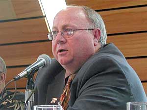 
Willmar Mayor Les Heitke says young people need to be encouraged to participate more. "We need to allow those youth who have wonderful talents to step forward and help build the communities that we live in," he says. (MPR Photo/Art Hughes)