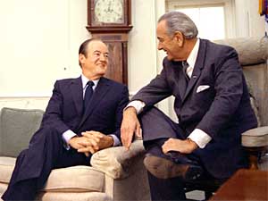 
Hubert Humphrey, left, and President Lyndon Johnson at the White House.  Humphrey entered the race for president after Johnson declined to seek re-election. Humphrey and McCarthy, two Minnesotans, were pitted against each other in the 1968 Democratic primary. (Photo by Jack Kightlinger, courtesy of LBJ Library)