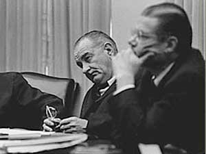 
President Lyndon Johnson, left, and his Defense Secretary Robert McNamara.  Johnson eventually decided against running for re-election in 1968, in part because of Eugene McCarthy's vocal stance against the Vietnam War.  (Photo courtesy of NARA)