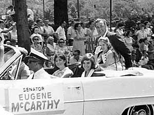 
Eugene McCarthy in a 1964 parade, with daughters Ellen, Mary and Margaret McCarthy. (Photo courtesy of the Minnesota Historical Society)