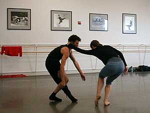 
In TU Dance's upcoming series of concerts, three different couples will take turns performing a duet. While the choreography is generally the same, each couple gets to stylize the piece in its own way. (MPR Photo/Marianne Combs)