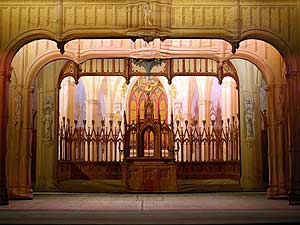 
This cathedral backdrop was hand painted and is displayed in layers. Like the other drops, the cathedral pieces were made from sheets of cotton muslin and decorated with natural pigment. (Photo courtesy of the Theatre Du Mississippi)