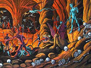 
All of the backdrops are very detailed, as shown in this close-up of the demons in hell.  (Photo courtesy of the Theatre Du Mississippi)