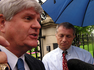 
Senate Minority Leader Dick Day and House Speaker Steve Sviggum -- both Republicans -- talk to reporters outside the Governor's Residence as negotiations to avert a state shutdown continued on Wednesday. (MPR Photo/Tom Scheck)