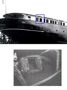 
A camera suspended from the surfaces captures a window on the deck of the Noble.  The top image is a photo of the ship, which disappeared in 1914. (Photo courtesy Jerry Eliason)